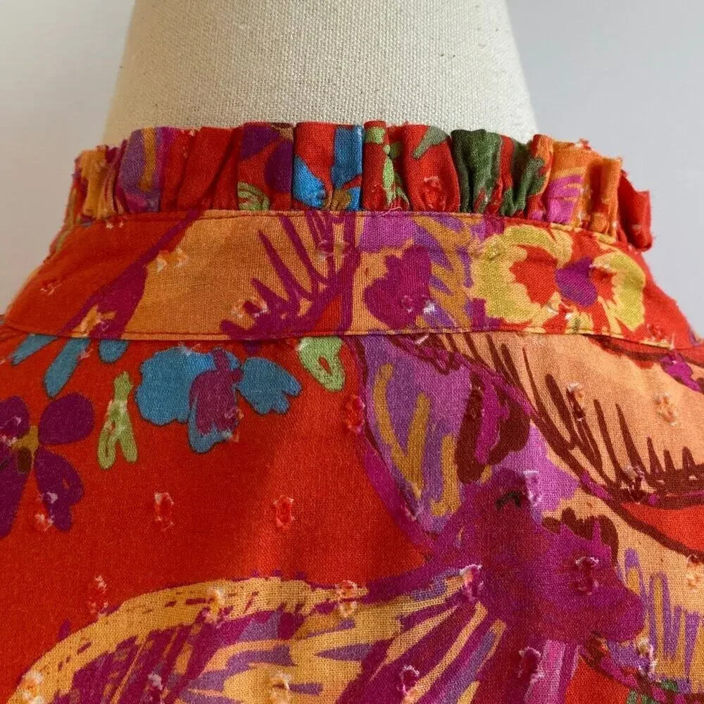 Farm Rio Bananas Ruffle Clip Dot Textured Cotton Blouse RED Puff Sleeve XS
